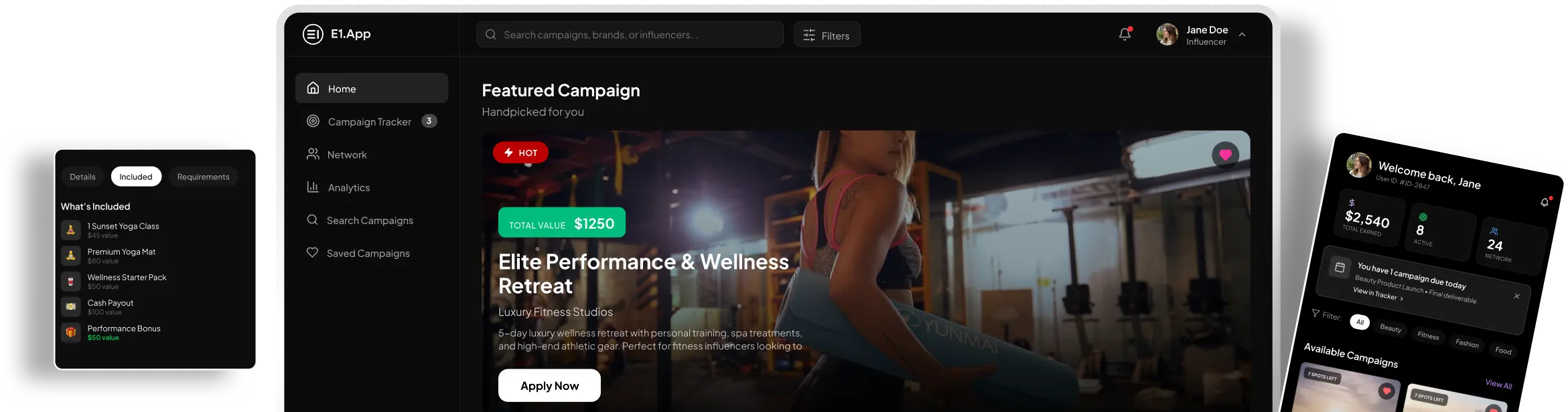 E1 dashboard showing a featured wellness campaign with creator earnings, active campaigns, and AI-matched offers